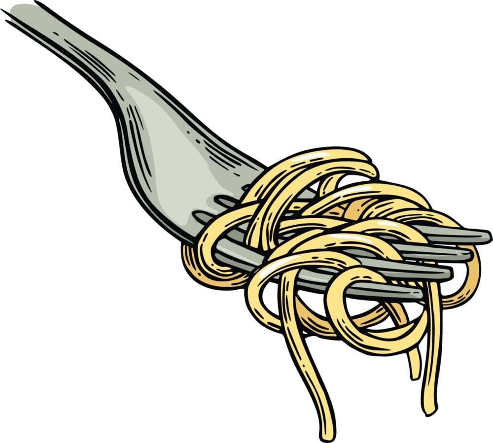Gaffel med spaghetti brukes om trykk på t-skjorte og genser.